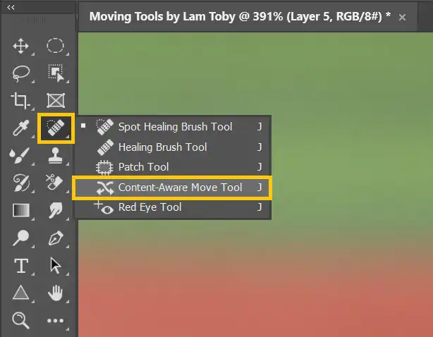 An image showing how to find the Content-Aware Move tool in Photoshop and use it to move objects/people.