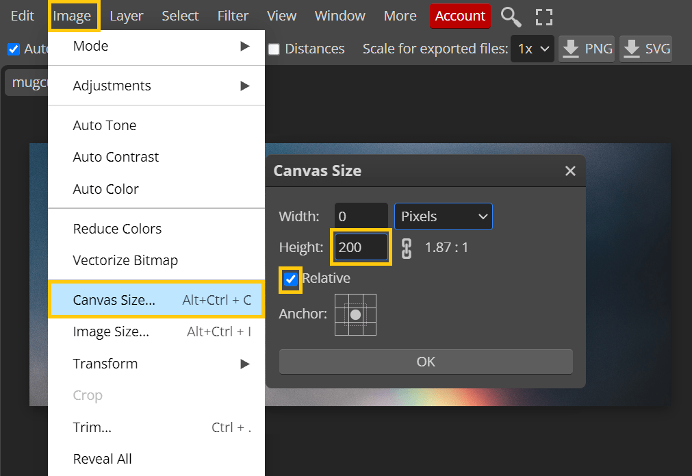 Screenshot of a free photo editor to adjust the canvas size online.