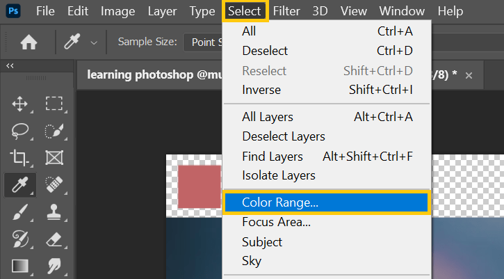 How to select a color range and do a reverse color search using Photoshop?