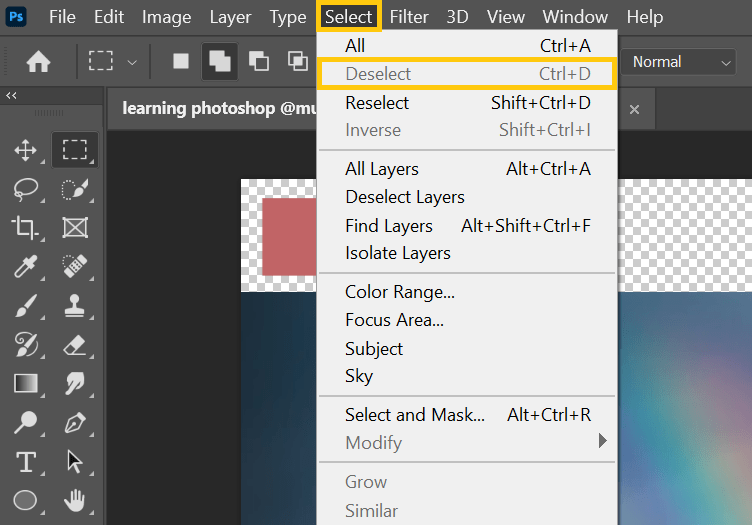 A screenshot of Photoshop explaining why the "Deselect" option is grey out under the Select menu.