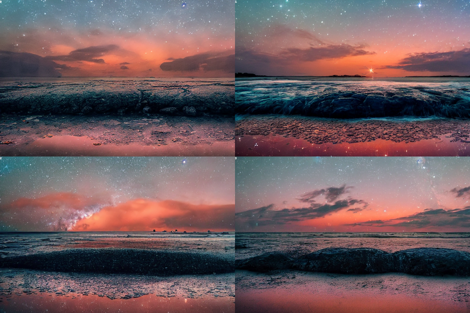 AI modified image showing milky way over a beautiful beach.