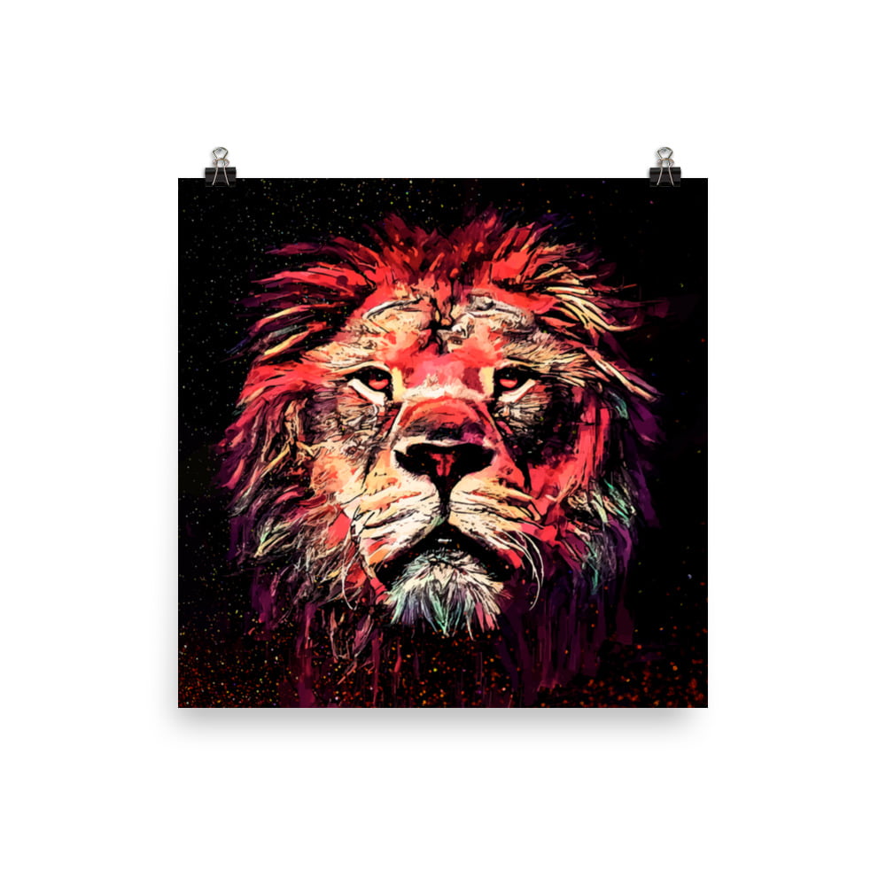 Colorful lion illustration against a black background. 1:1 art print features a red lion.